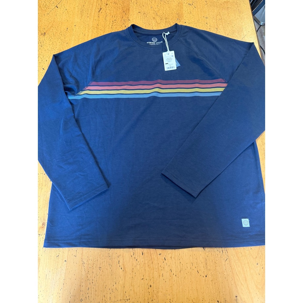 Marine Layer Double Knit Active Tee Large Navy Blue Long Sleeve Stripe Shirt
